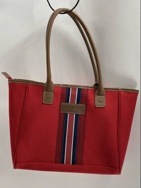 Tommy Hilfiger Red Canvas Tote with Navy and White Stripe